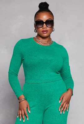 Womens Plus Brushed Knit Long Sleeve Crop Top,
