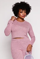 Womens Plus Brushed Knit Long Sleeve Crop Top, Pink,