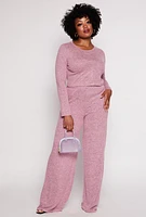 Womens Plus Brushed Knit Long Sleeve Crop Top, Pink,