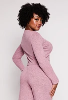 Womens Plus Brushed Knit Long Sleeve Crop Top, Pink,