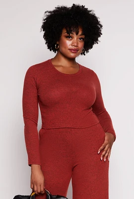 Womens Plus Size Brushed Knit Long Sleeve Crop Top, Orange, Size 1X