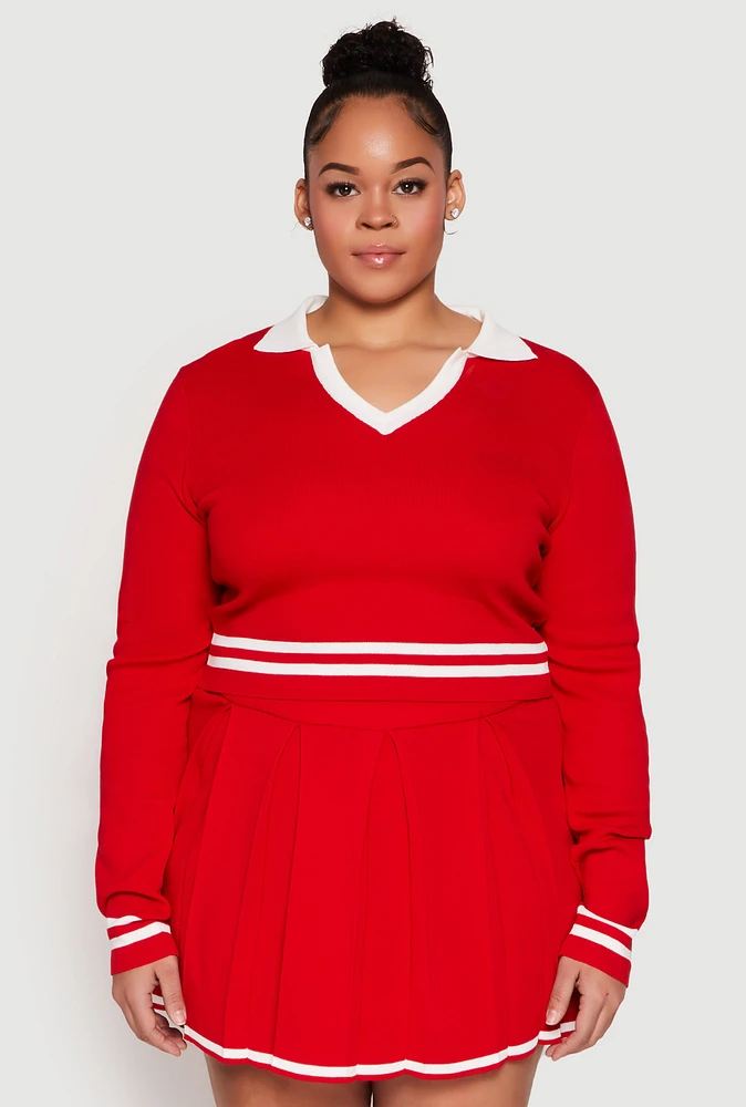 Womens Plus Size Daisy Varsity Stripe Detail Cropped Sweater, Red, Size 1X