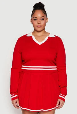 Womens Plus Size Daisy Varsity Stripe Detail Cropped Sweater, Red, Size 1X