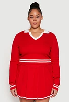 Womens Plus Size Daisy Varsity Stripe Detail Cropped Sweater, Red, Size 1X