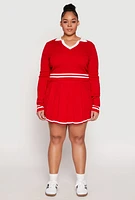 Womens Plus Size Daisy Varsity Stripe Detail Cropped Sweater, Red, Size 1X