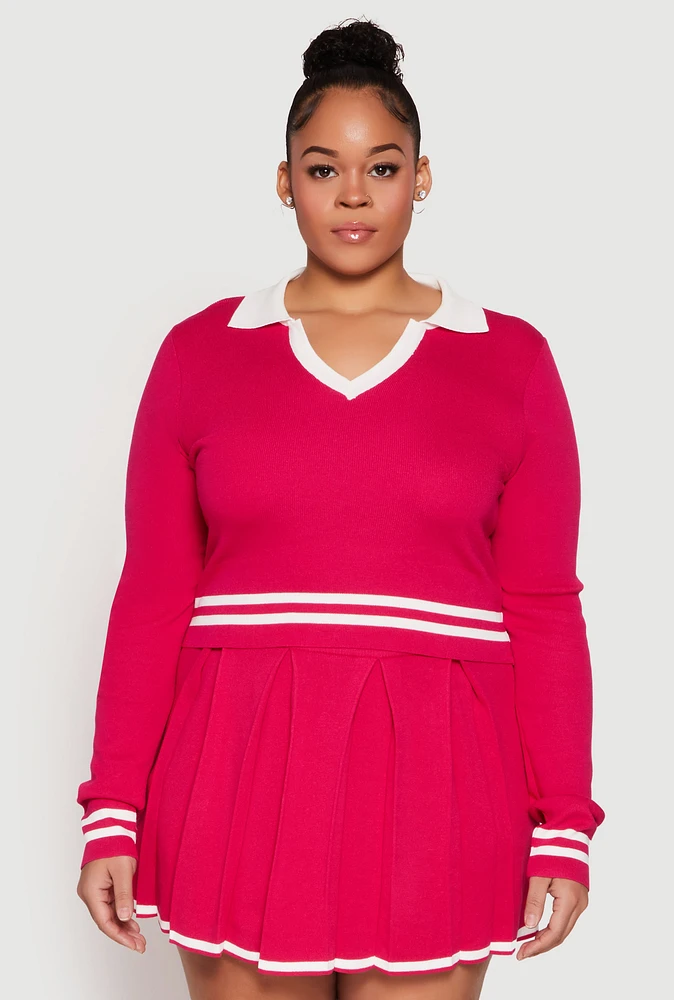 Womens Plus Daisy Varsity Stripe Detail Cropped Sweater, Pink,