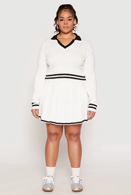 Womens Plus Size Daisy Contrast Trim Pleated Tennis Skirt, White, Size 1X