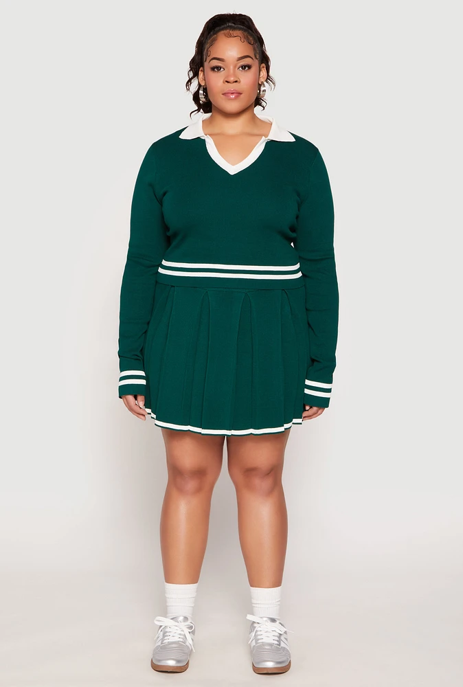 Womens Plus Size Daisy Contrast Trim Pleated Tennis Skirt, Green, Size 3X