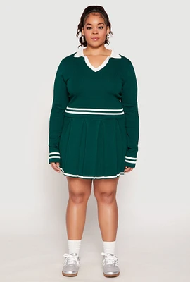 Womens Plus Size Daisy Contrast Trim Pleated Tennis Skirt, Green, Size 3X