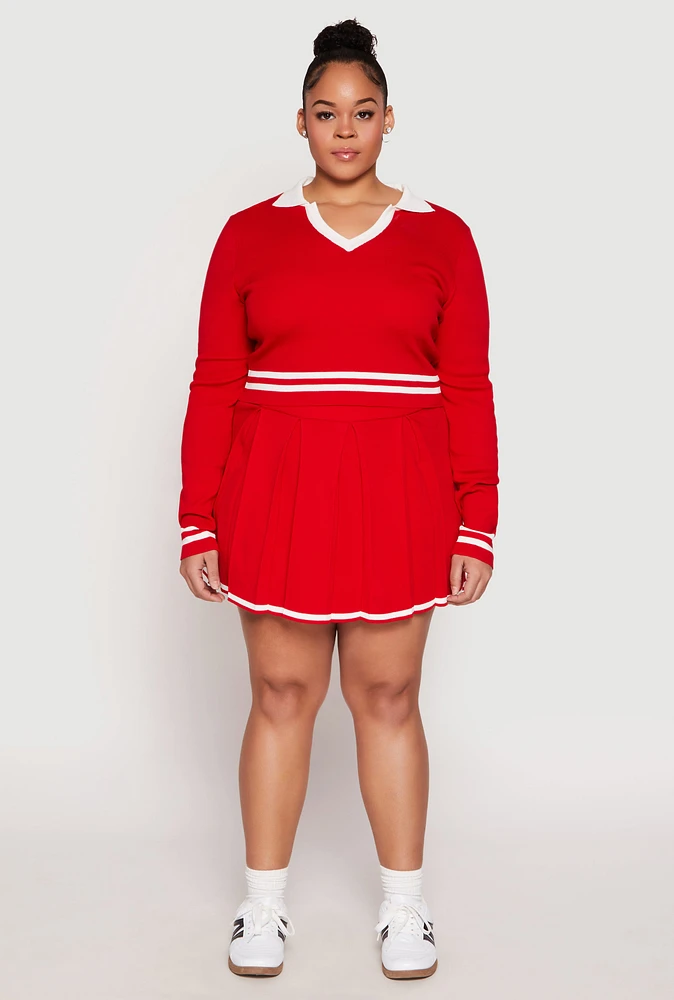 Womens Plus Size Daisy Contrast Trim Pleated Tennis Skirt, Red, Size 3X