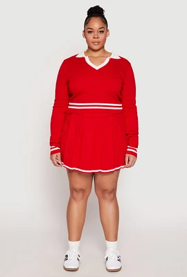 Womens Plus Size Daisy Contrast Trim Pleated Tennis Skirt, Red, Size 3X