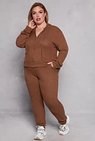 Womens Plus Daisy Ribbed Brushed Knit Joggers, Brown,