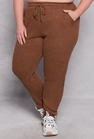 Womens Plus Daisy Ribbed Brushed Knit Joggers, Brown,