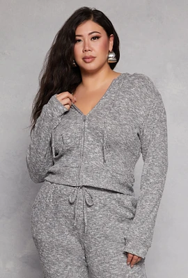 Womens Plus Size Daisy Brushed Knit Zip Front Hoodie, Grey, Size 1X