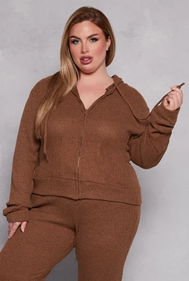 Womens Plus Daisy Brushed Knit Zip Front Hoodie,