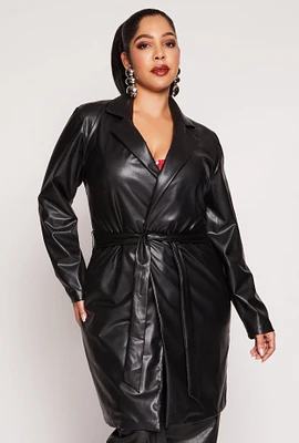 Womens Plus Size Faux Leather Wrap Coat, Black, Size 1X