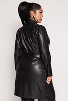 Womens Plus Size Faux Leather Wrap Coat, Black, Size 1X