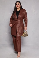 Womens Plus Size Faux Leather Wrap Coat, Brown, Size 1X