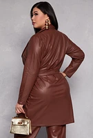 Womens Plus Size Faux Leather Wrap Coat, Brown, Size 1X