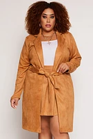 Womens Plus Size Suede Tie Front Duster, Brown, Size 1X