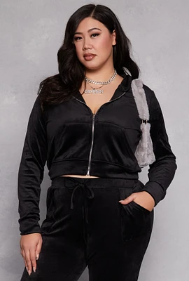 Womens Plus Size Velour Front Zip Hoodie, Black, Size 1X