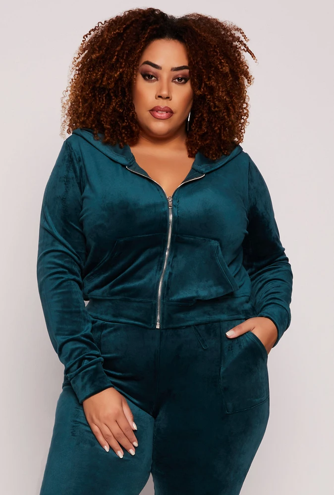 Womens Plus Velour Front Zip Hoodie, Green,