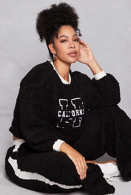Womens Plus Size Almost Famous LA California Sherpa Sweatshirt, Black, Size 1X