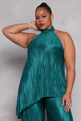 Womens Plus Size Almost Famous Plisse Asymmetrical Hem Halter Top, Green, Size 3X