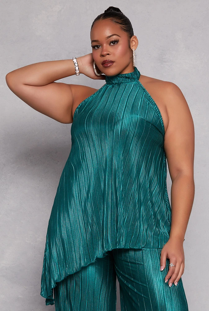 Womens Plus Size Almost Famous Plisse Asymmetrical Hem Halter Top, Green, Size 2X