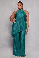 Womens Plus Size Almost Famous Plisse Asymmetrical Hem Halter Top, Green, Size 2X