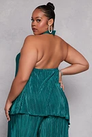 Womens Plus Size Almost Famous Plisse Asymmetrical Hem Halter Top, Green, Size 2X