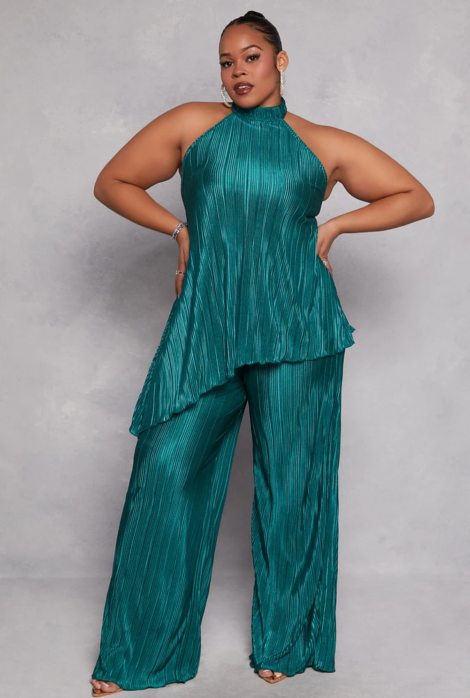 Womens Plus Size Almost Famous Plisse Palazzo Pants, Green, Size 2X