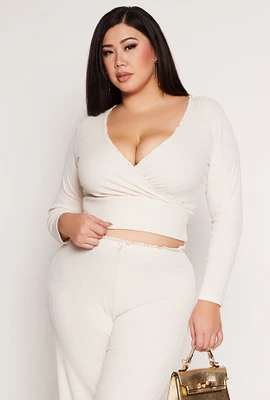 Womens Plus Size Almost Famous Lace Trim Surplice Top, White, Size 3X
