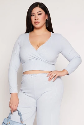 Womens Plus Size Almost Famous Lace Trim Surplice Top, Blue, Size 3X