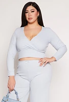 Womens Plus Size Almost Famous Lace Trim Surplice Top, Blue, Size 3X