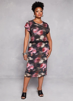 Womens Plus Size Almost Famous Mesh Printed Midi Pencil Skirt, Multi, Size 3X