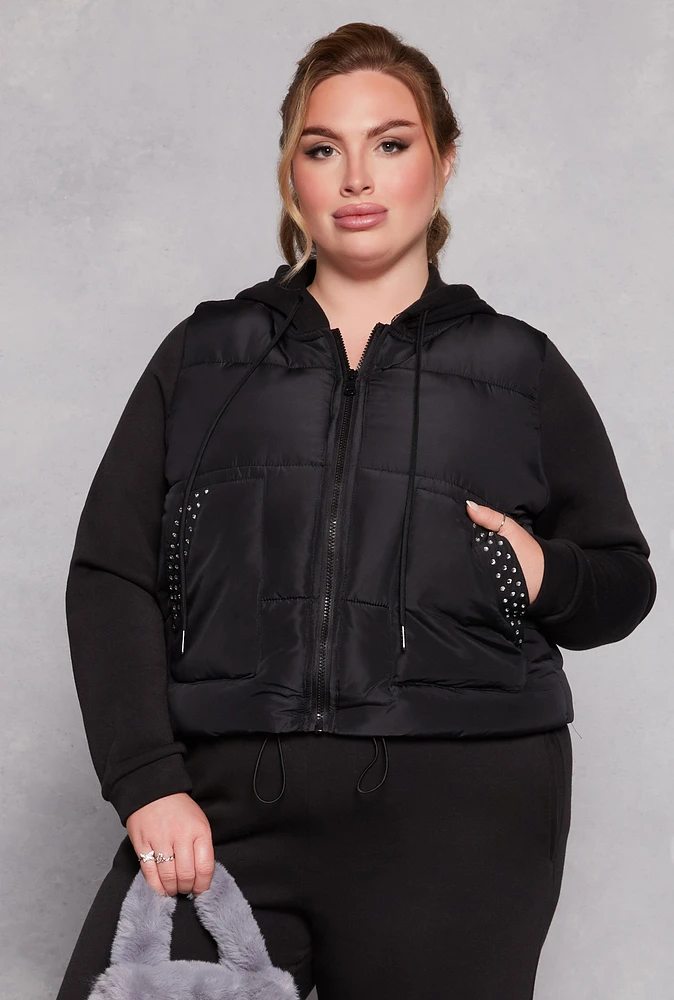 Womens Plus Size Almost Famous Rhinestone Hooded Puffer Jacket, Black, Size 1X