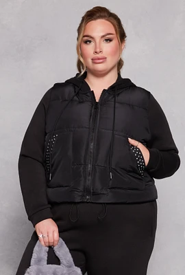 Womens Plus Size Almost Famous Rhinestone Hooded Puffer Jacket, Black, Size 1X