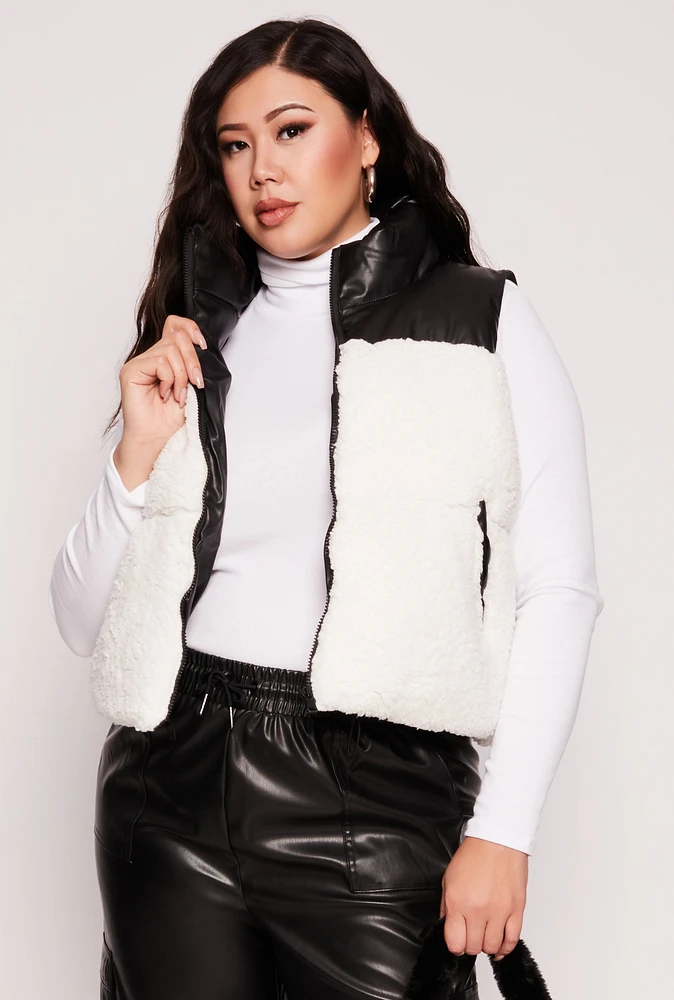 Womens Plus Almost Famous Sherpa Puffer Vest, White,