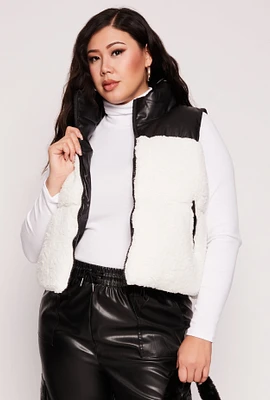 Womens Plus Almost Famous Sherpa Puffer Vest, White,