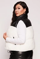 Womens Plus Almost Famous Sherpa Puffer Vest, White,