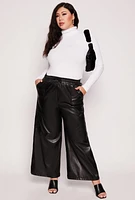 Womens Plus Size Almost Famous Faux Leather Wide Leg Pants, Black, Size 2X