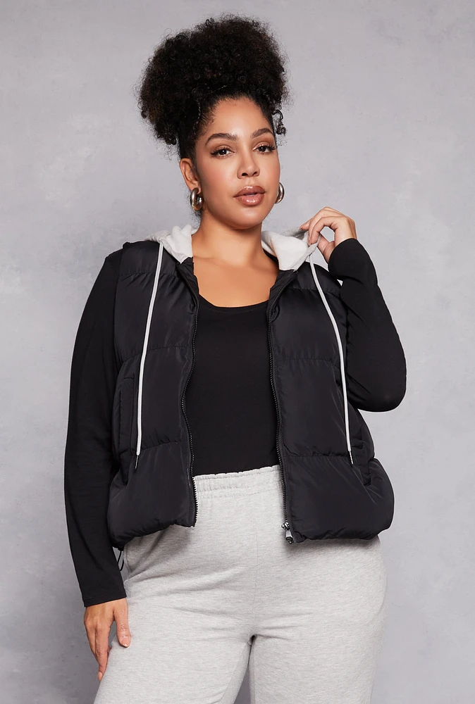 Womens Plus Size Almost Famous Zip Front Hooded Puffer Vest, Black, Size 2X