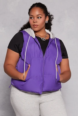 Womens Plus Size Almost Famous Zip Front Hooded Puffer Vest, Purple, Size 3X