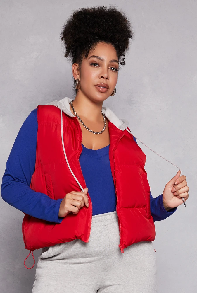 Womens Plus Size Almost Famous Zip Front Hooded Puffer Vest, Red, Size 3X