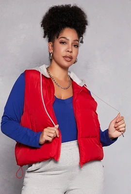 Womens Plus Size Almost Famous Zip Front Hooded Puffer Vest, Red, Size 3X