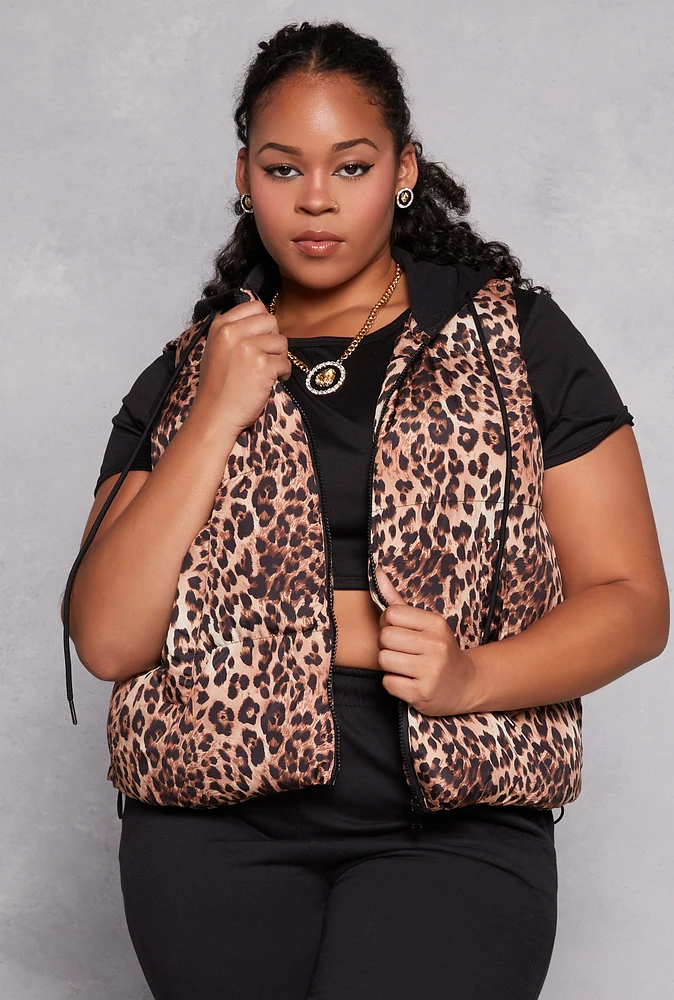 Womens Plus Size Almost Famous Patterned Hooded Puffer Vest, Brown, Size 1X