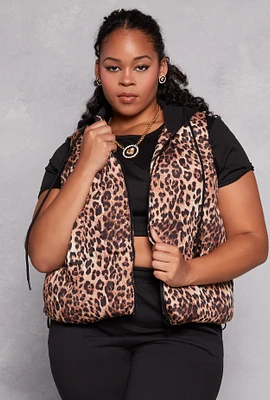 Womens Plus Size Almost Famous Patterned Hooded Puffer Vest, Brown, Size 1X