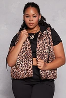 Womens Plus Size Almost Famous Patterned Hooded Puffer Vest, Brown, Size 1X