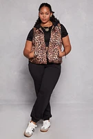 Womens Plus Size Almost Famous Patterned Hooded Puffer Vest, Brown, Size 1X